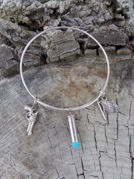 Patriotic Bangle Bracelet Handmade with Turqiouse Swarovski Crystals by Beads, Bullets, and Bows